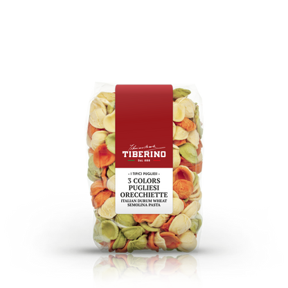 Confezione trasparente di Orecchiette Pugliesi tricolori Tiberino 1888, pasta di semola di grano duro.