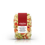 Confezione trasparente di Orecchiette Pugliesi tricolori Tiberino 1888, pasta di semola di grano duro.
