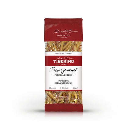 Confezione rossa Tiberino 1888 di Pennette all'Amatriciana, pasta secca con guanciale e pomodoro, 200g.