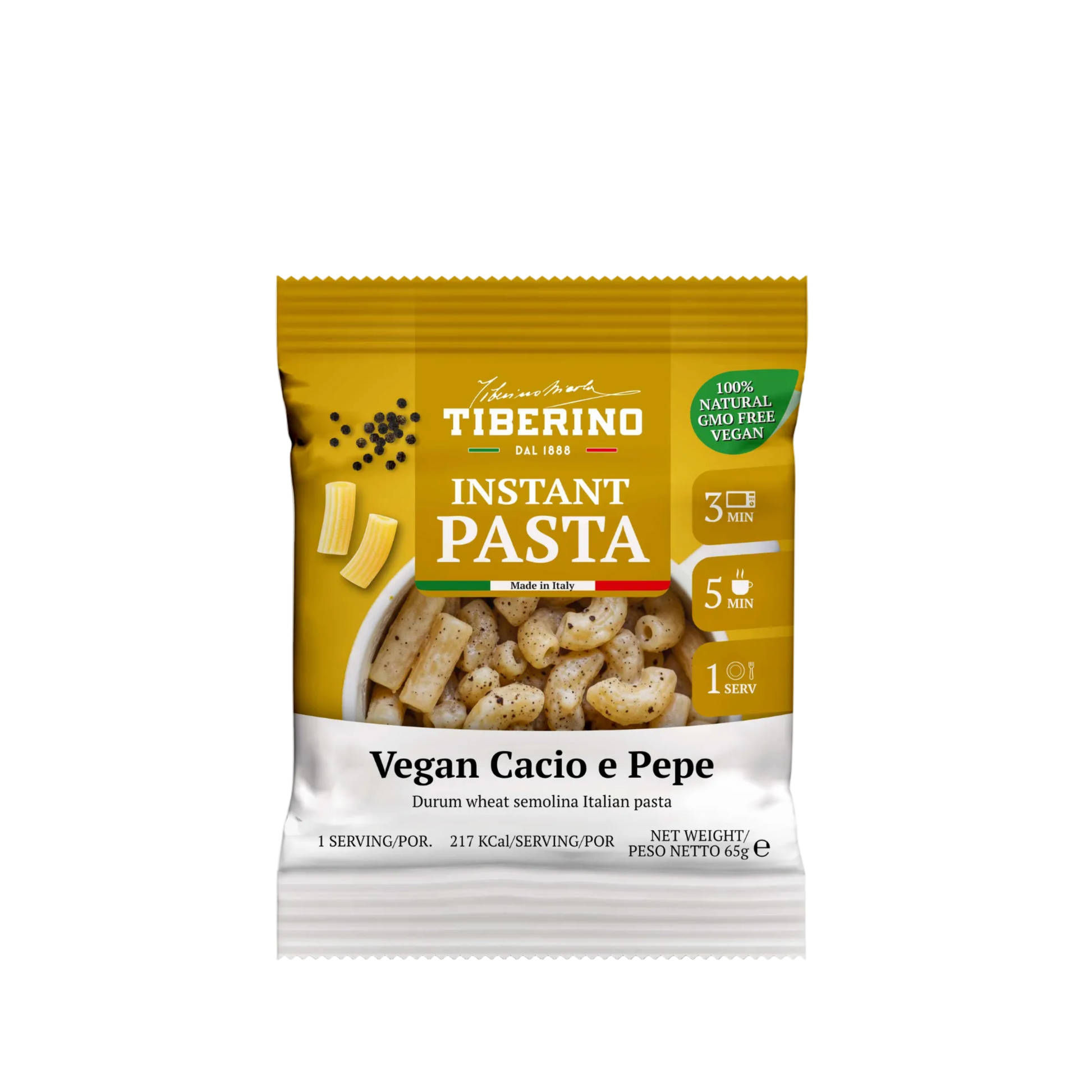 Confezione gialla e bianca di pasta istantanea Tiberino 1888 Vegan Cacio e Pepe, 65g, con pasta cotta e pepe nero.