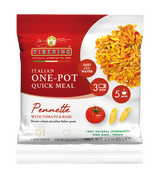 Confezione bianca e rossa di pasta Pennette Tiberino 1888 con pomodoro e basilico, 230 kcal, 65g.