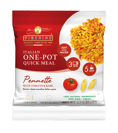 Confezione bianca e rossa di pasta Pennette Tiberino 1888 con pomodoro e basilico, 230 kcal, 65g.
