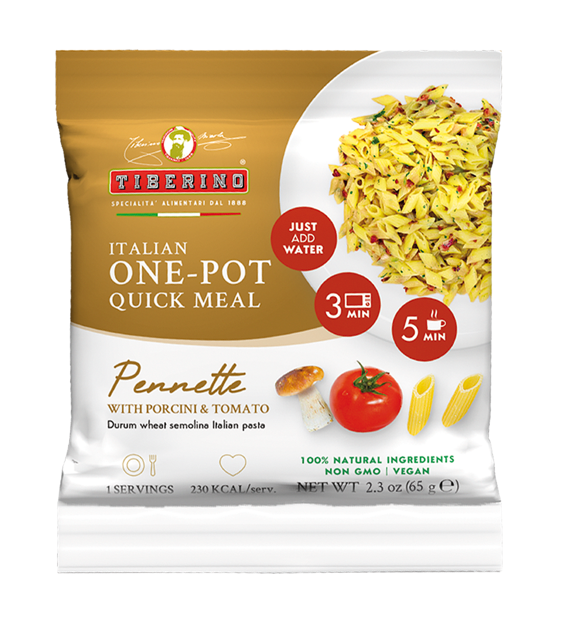 Confezione bianca e oro di pasta Pennette Tiberino 1888 con porcini e pomodoro, 2.3 oz (65 g), vegana.