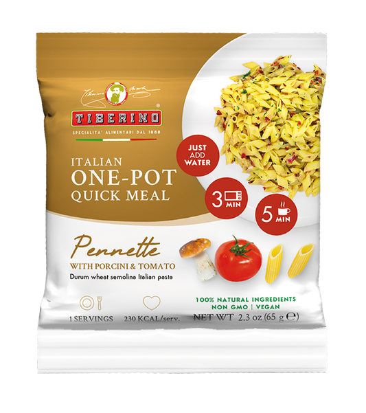 Confezione bianca e oro di pasta Pennette Tiberino 1888 con porcini e pomodoro, 2.3 oz (65 g), vegana.