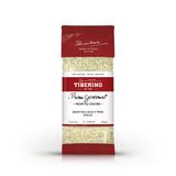 Confezione rossa e bianca di Risotto Cacio e Pepe Vegan Tiberino 1888, 200g, con riso visibile.