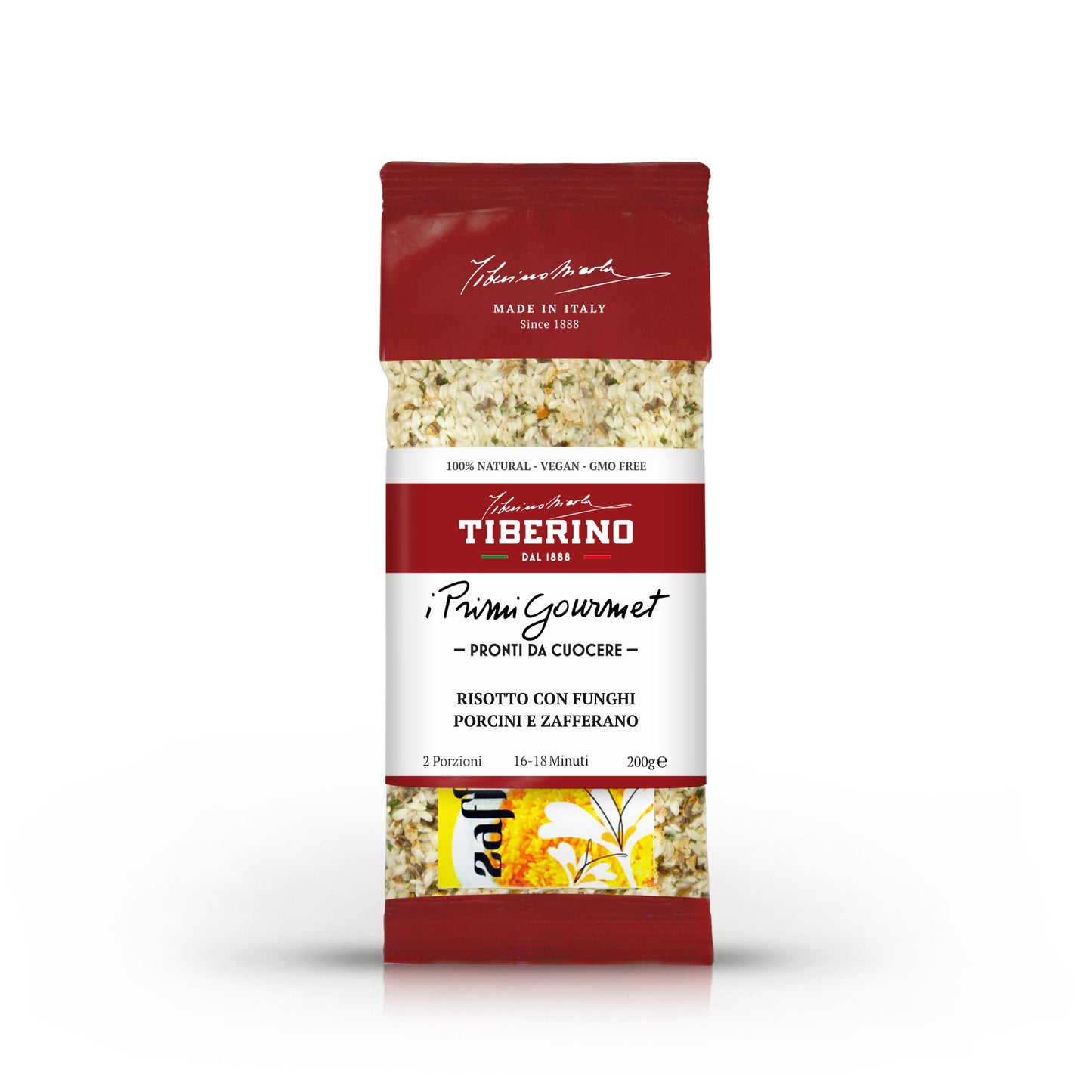 Confezione rossa Tiberino 1888 di risotto con funghi porcini e zafferano, 200g, 2 porzioni.