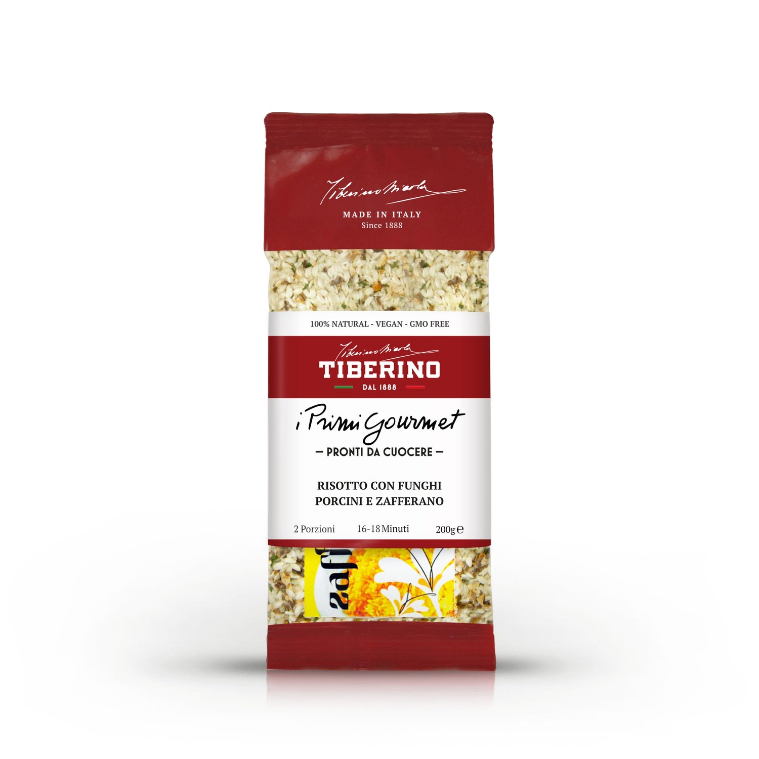 Confezione rossa Tiberino 1888 di risotto con funghi porcini e zafferano, 200g, 2 porzioni.