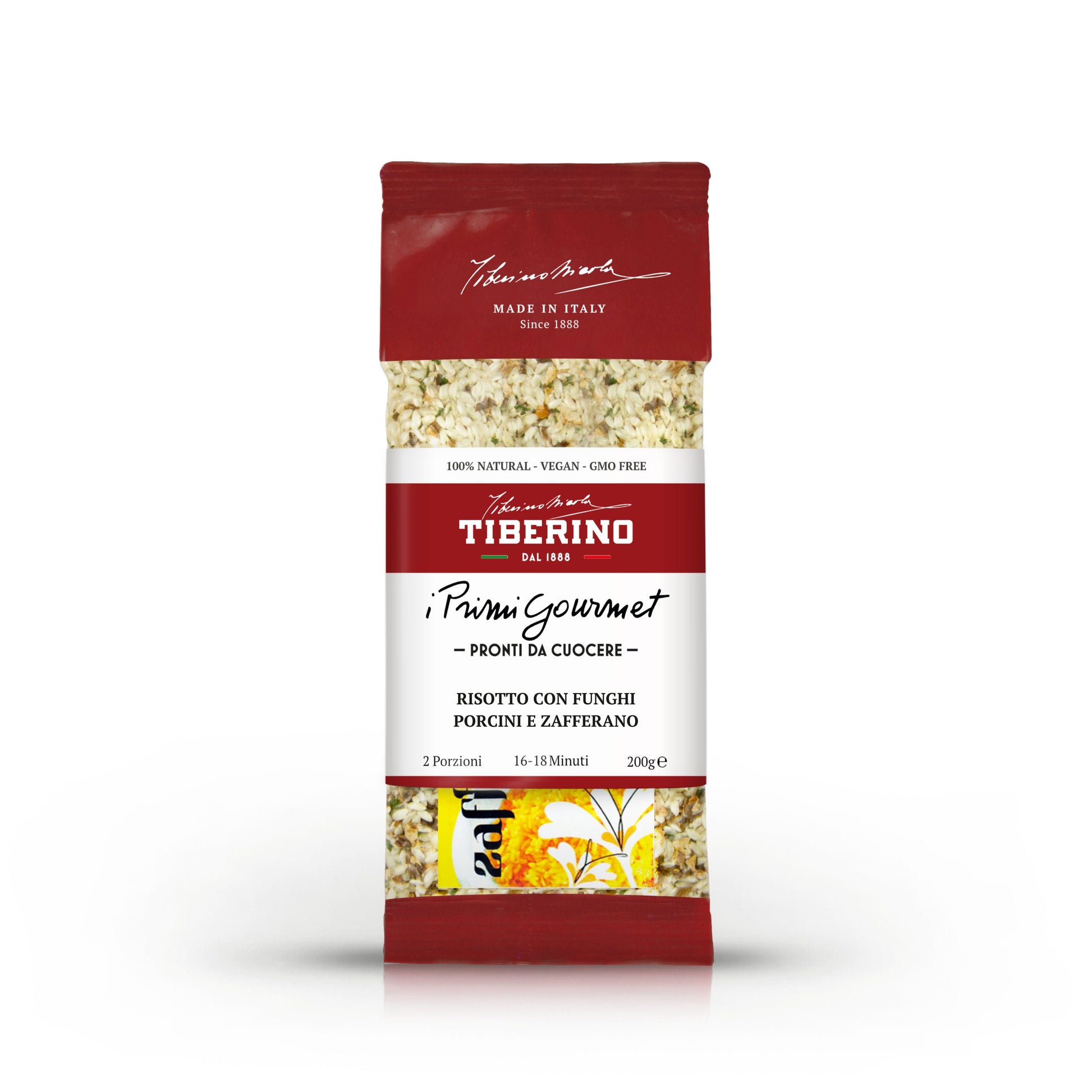 Confezione rossa Tiberino 1888 di risotto con funghi porcini e zafferano, 200g, 2 porzioni.