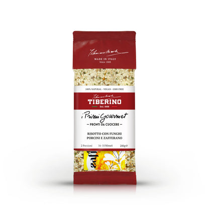 Confezione rossa Tiberino 1888 di risotto con funghi porcini e zafferano, 200g, 2 porzioni.