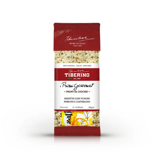 Confezione rossa Tiberino 1888 di risotto con funghi porcini e zafferano, 200g, 2 porzioni.