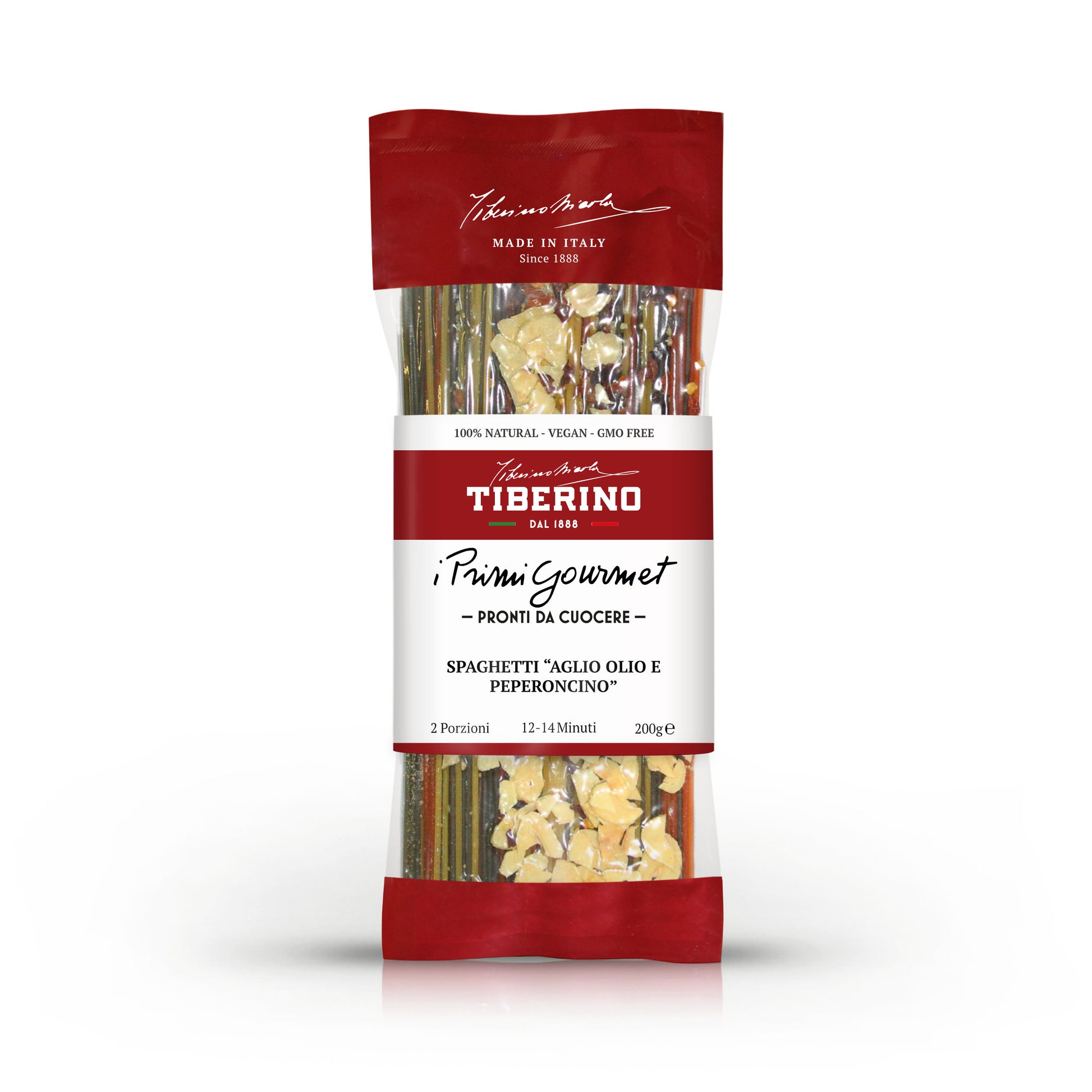 Confezione verticale Tiberino 1888 "I Primi Gourmet" Spaghetti Aglio Olio e Peperoncino da 200g, con pasta verde e bianca, scaglie di aglio e peperoncino rosso.