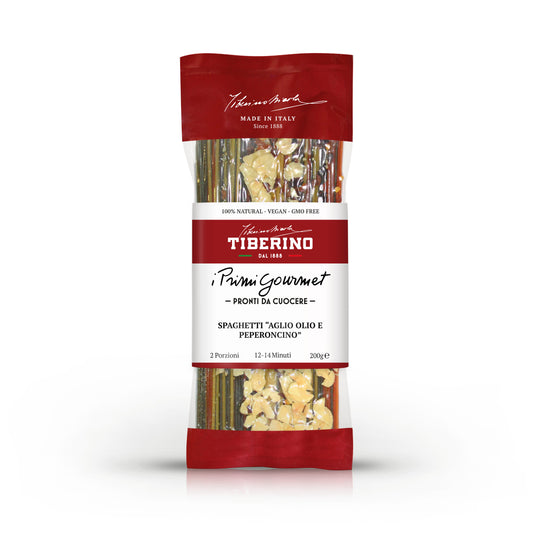 Confezione verticale Tiberino 1888 "I Primi Gourmet" Spaghetti Aglio Olio e Peperoncino da 200g, con pasta verde e bianca, scaglie di aglio e peperoncino rosso.
