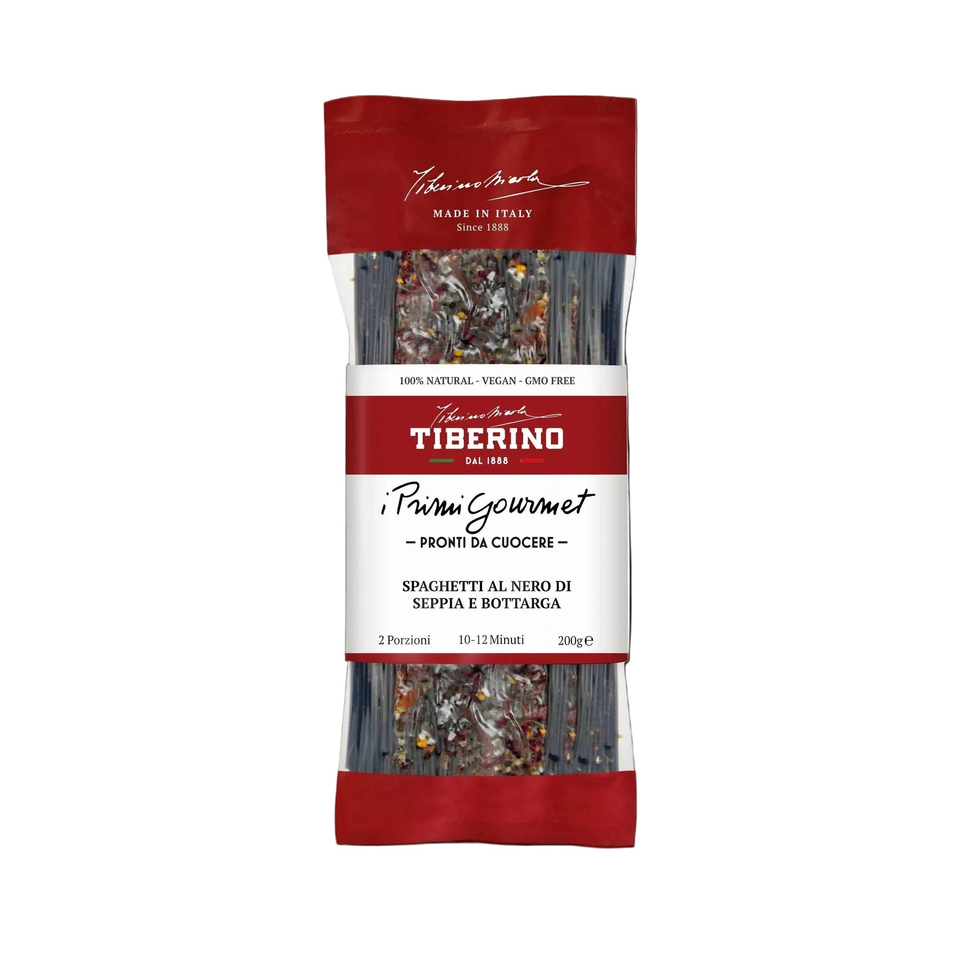 Confezione di spaghetti neri al nero di seppia e bottarga Tiberino 1888, 200g, con etichetta rossa.