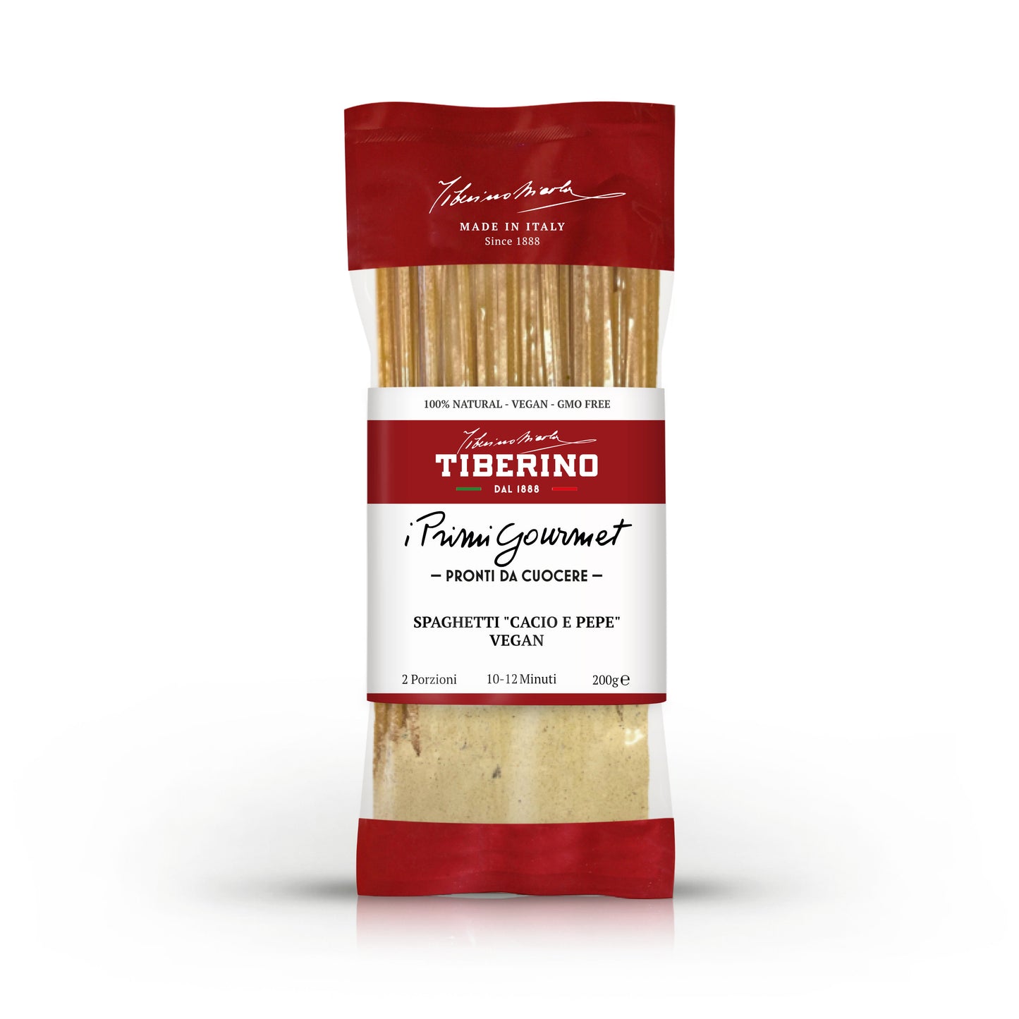 Confezione rossa e trasparente di Spaghetti "Cacio e Pepe" Vegan Tiberino 1888, 200g, per 2 porzioni.