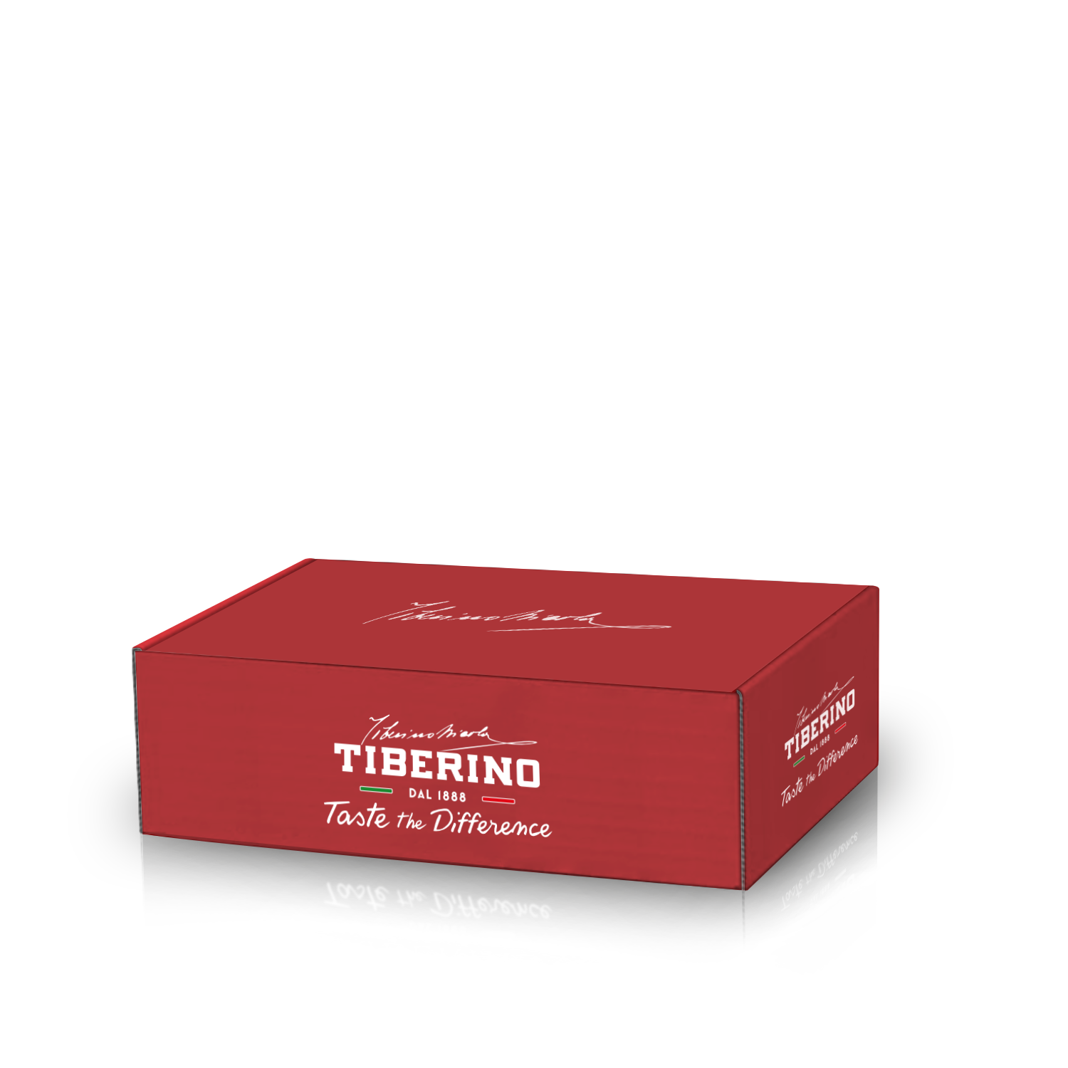 Scatola regalo rettangolare rossa opaca con logo bianco Tiberino 1888 e scritta "Taste the Difference".