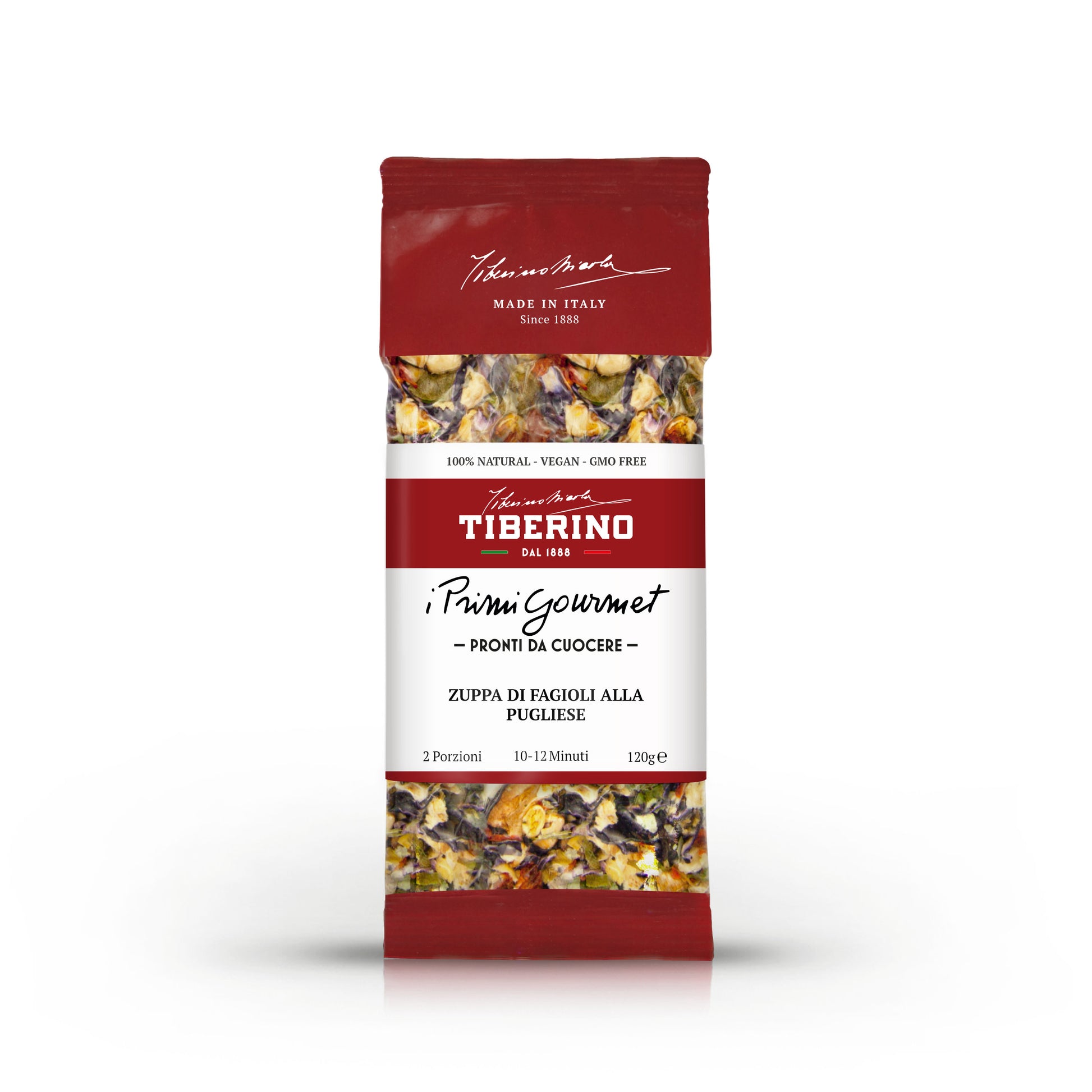 Confezione rossa opaca Tiberino 1888 Zuppa di Fagioli alla Pugliese, con finestra trasparente che mostra legumi secchi.