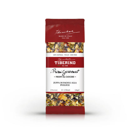 Confezione rossa opaca Tiberino 1888 Zuppa di Fagioli alla Pugliese, con finestra trasparente che mostra legumi secchi.