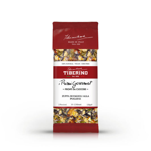 Confezione rossa opaca Tiberino 1888 Zuppa di Fagioli alla Pugliese, con finestra trasparente che mostra legumi secchi.