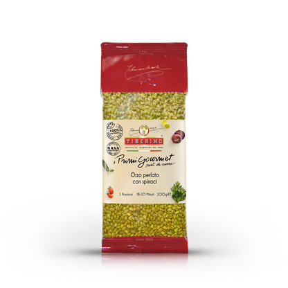 Confezione rossa e trasparente di Orzo perlato con spinaci Tiberino 1888, 200g, con orzo verde visibile.